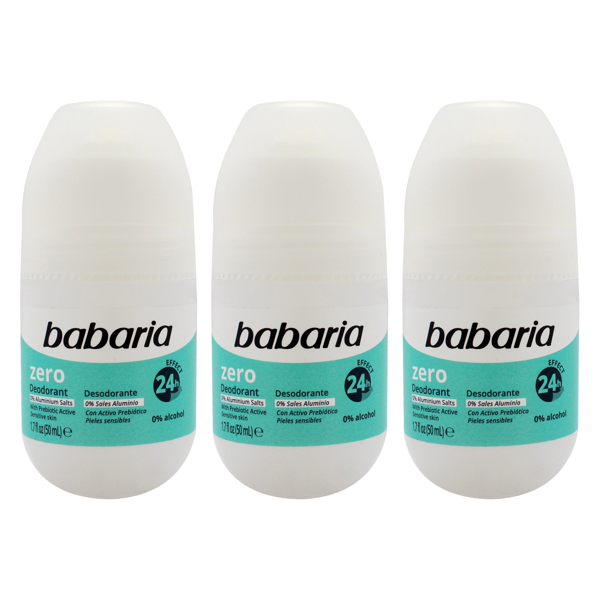 Zero 24H Effect Deodorant and Antiperpirant by Babaria for Women - 1.7 oz Deodorant Roll-On - Pack of 3