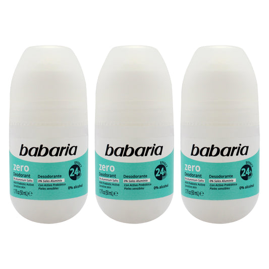Zero 24H Effect Deodorant and Antiperpirant by Babaria for Women - 1.7 oz Deodorant Roll-On - Pack of 3