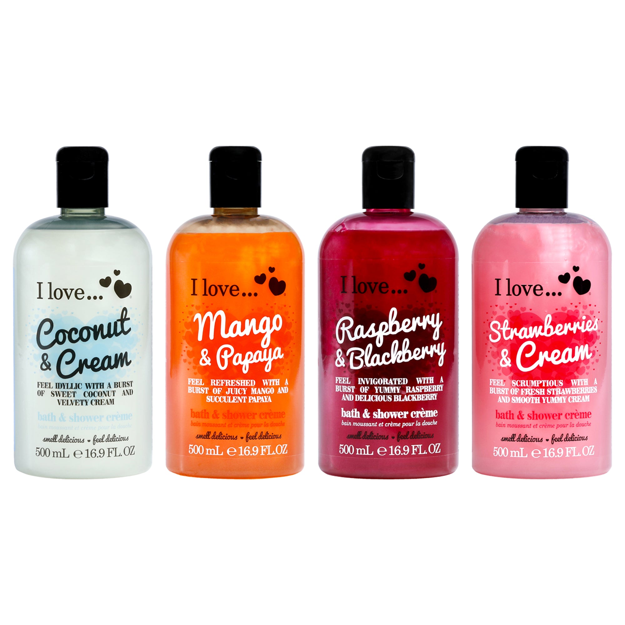 Bath and Shower Cream Kit by I Love Cosmetics for Women - 4 Pc Kit 16.9oz Bath and Shower Creme - Strawberries and Cream, 16.9oz Bath and Shower Creme - Raspberry and Blackberry, 16.9oz Bath and Shower Creme - Mango and Papaya, 16.9oz Bath and Shower Creme - Coconut and Cream