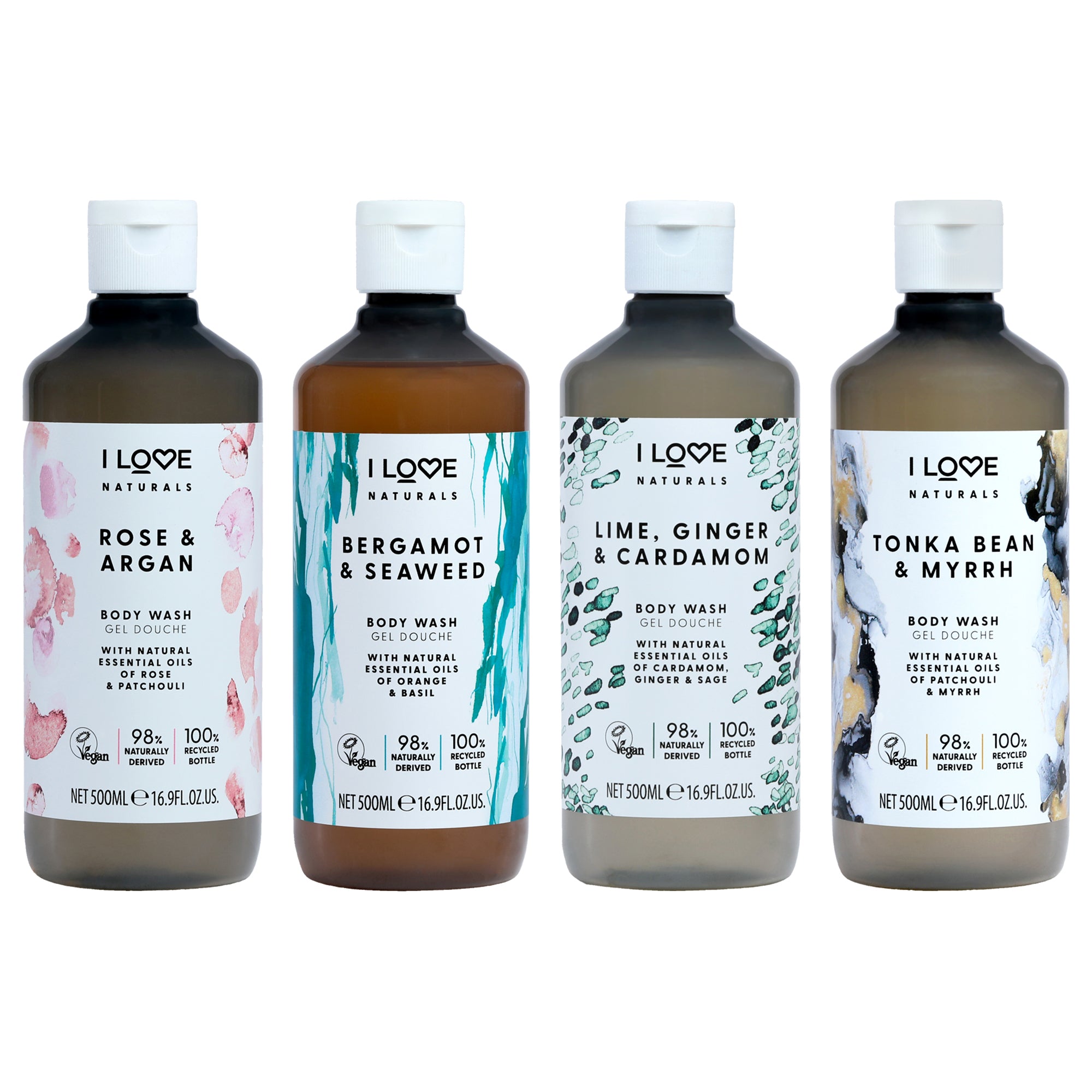 Naturals Body Wash Collection Kit by I Love Cosmetics for Women - 4 Pc Kit 16.9oz Naturals Body Wash - Bergamot and Seaweed, 16.9oz Naturals Body Wash - Tonka Bean and Myrrh, 16.9oz Naturals Body Wash - Rose and Argan, 16.9oz Naturals Body Wash - Lime Ginger and Cardamon