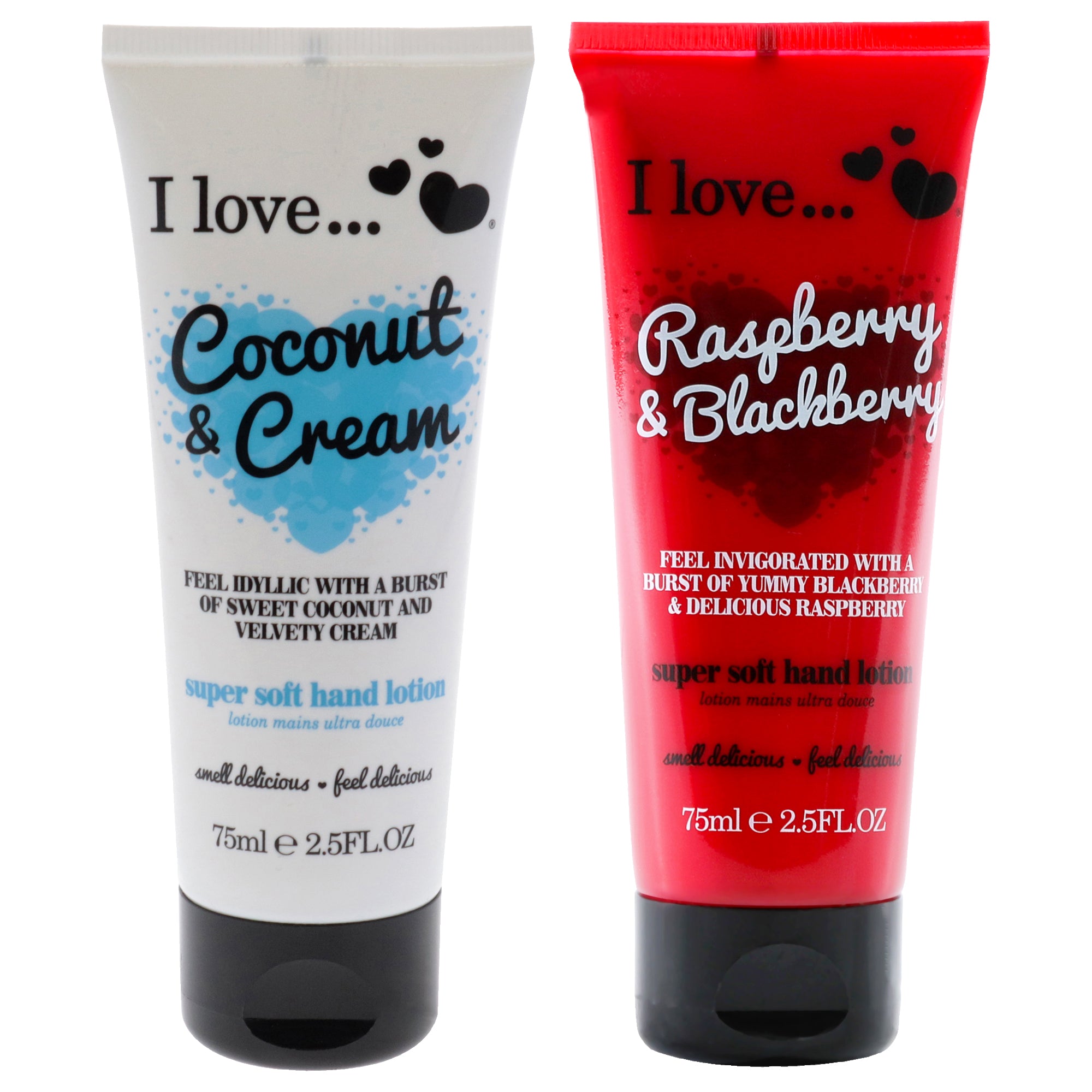 Super Soft Hand Lotion Kit by I Love Cosmetics for Women - 2 Pc Kit 2.5oz Super Soft Hand Lotion - Coconut and Cream, 2.5oz Super Soft Hand Lotion - Raspberry and Blackberry