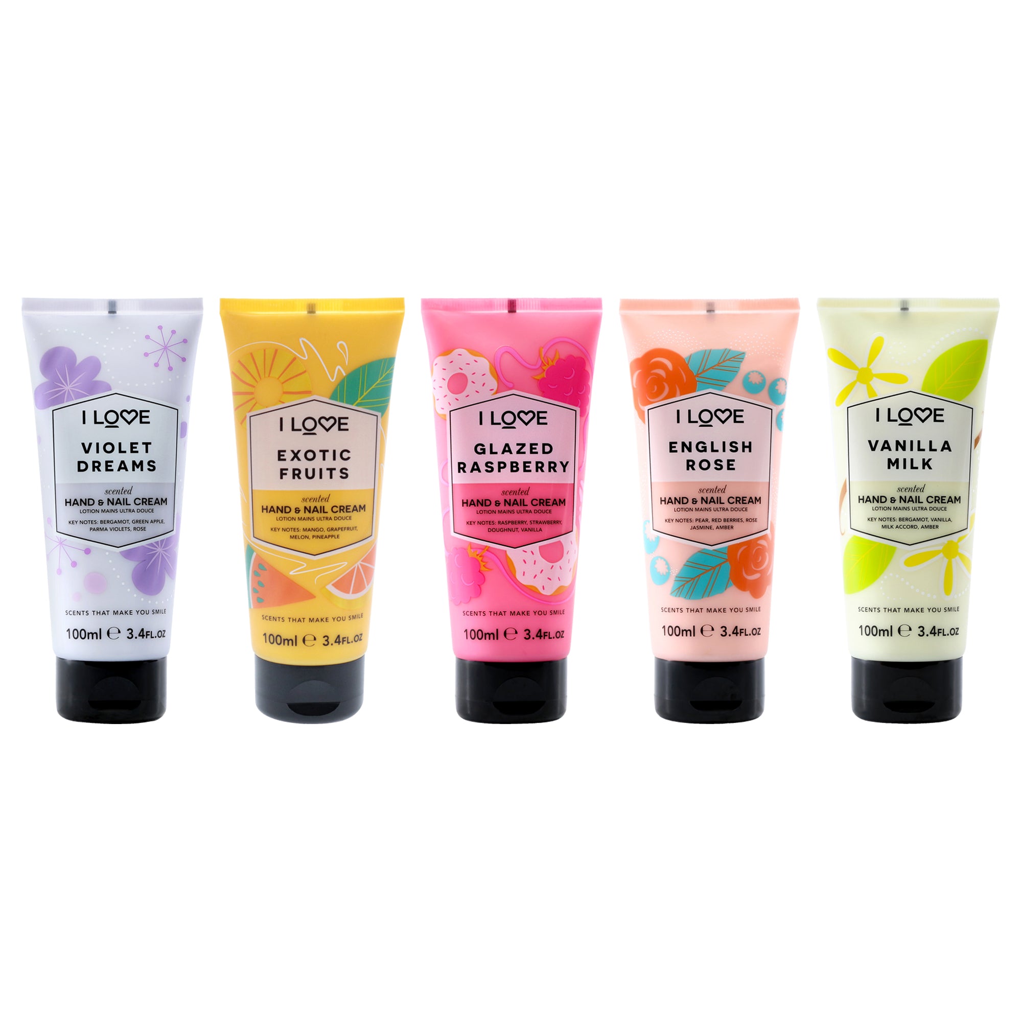 Hand and Nail Cream Bundle Kit by I Love Cosmetics for Women - 5 Pc Kit 3.4oz Scented Hand and Nail Cream - Glazed Raspberry, 3.4oz Scented Hand and Nail Cream - Violet Dreams, 3.4oz Scented Hand and Nail Cream - English Rose, 3.4oz Scented Hand and
