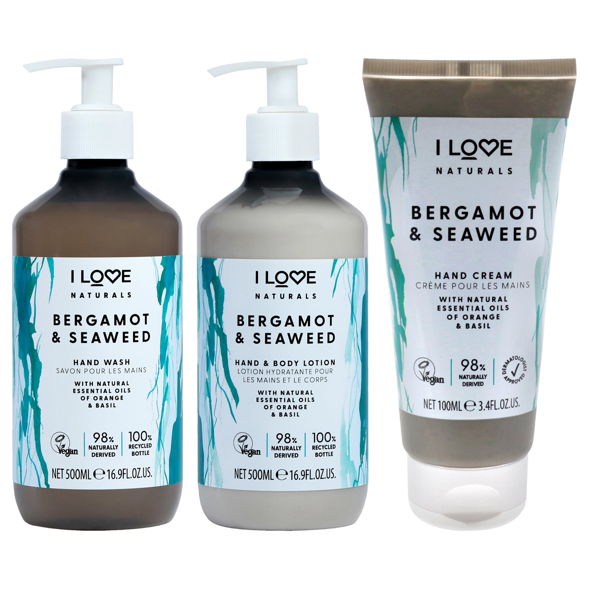Naturals Collection Kit by I Love Cosmetics for Women - 3 Pc Kit 3.4oz Naturals Hand Cream - Bergamot and Seaweed, 16.9oz Naturals Hand and Body Lotion - Bergamot and Seaweed, 16.9oz Naturals Hand Wash - Bergamot and Seaweed