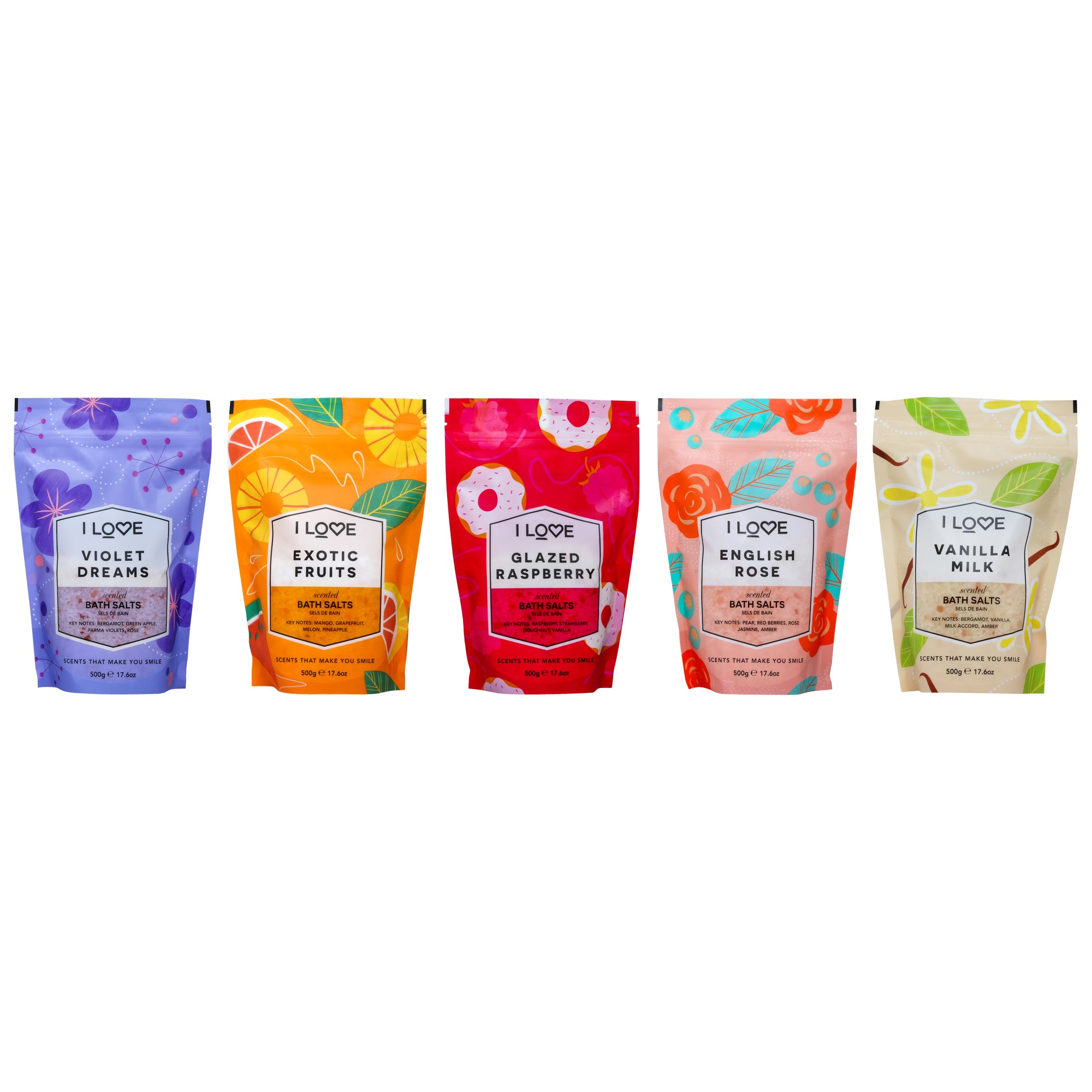 Bath Salts Kit by I Love Cosmetics for Women - 5 Pc Kit 17.6oz Scented Bath Salts - Exotic Fruit, 17.6oz Scented Bath Salts - Violet Dreams, 17.6oz Scented Bath Salts - Vanilla Milk, 17.6oz Scented Bath Salts - English Rose, 17.6oz Scented Bath Salts - Glazed Raspberry