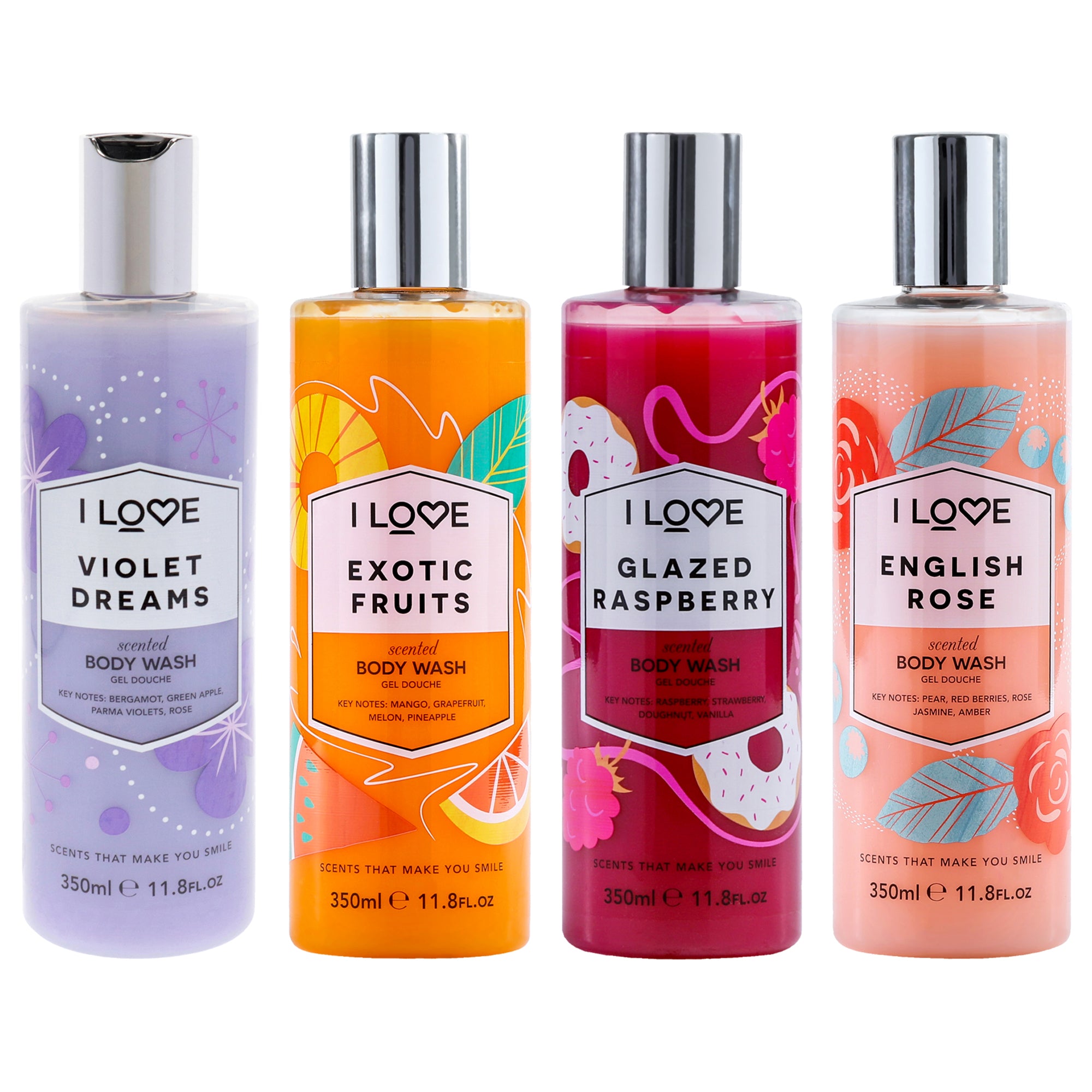 Scented Body Wash Kit by I Love Cosmetics for Women - 4 Pc Kit 11.8oz Scented Body Wash - Exotic Fruit, 11.8oz Scented Body Wash - Glazed Raspberry, 11.8oz Scented Body Wash - English Rose, 11.8oz Scented Body Wash - Violet Dreams
