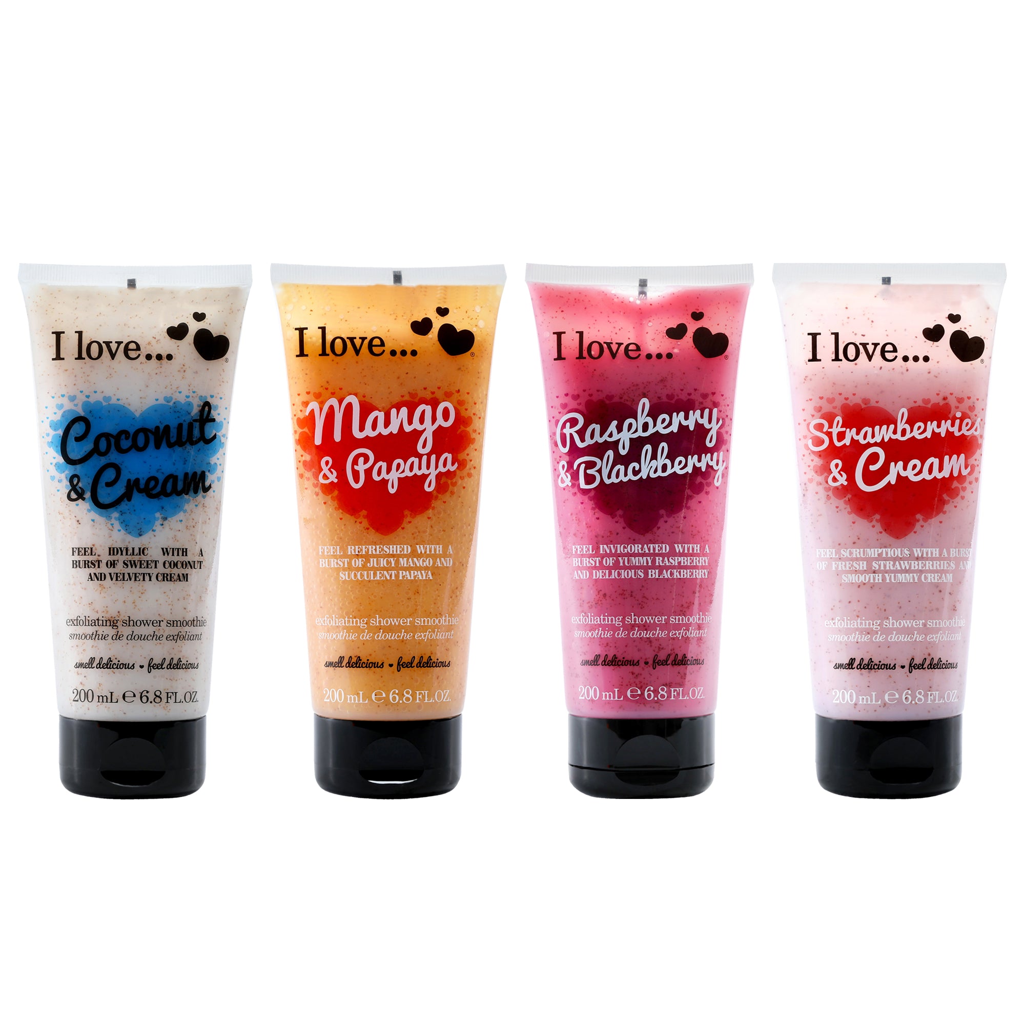 Exfoliating Shower Smoothie Kit by I Love Cosmetics for Women - 4 Pc Kit 6.8oz Exfoliating Shower Smoothie - Coconut and Cream, 6.8oz Exfoliating Shower Smoothie - Mango and Papaya, 6.8oz Exfoliating Shower Smoothie - Raspberry and Balckberry, 6.8oz Exfoliating Shower Smoothie - Strawberries and Cream