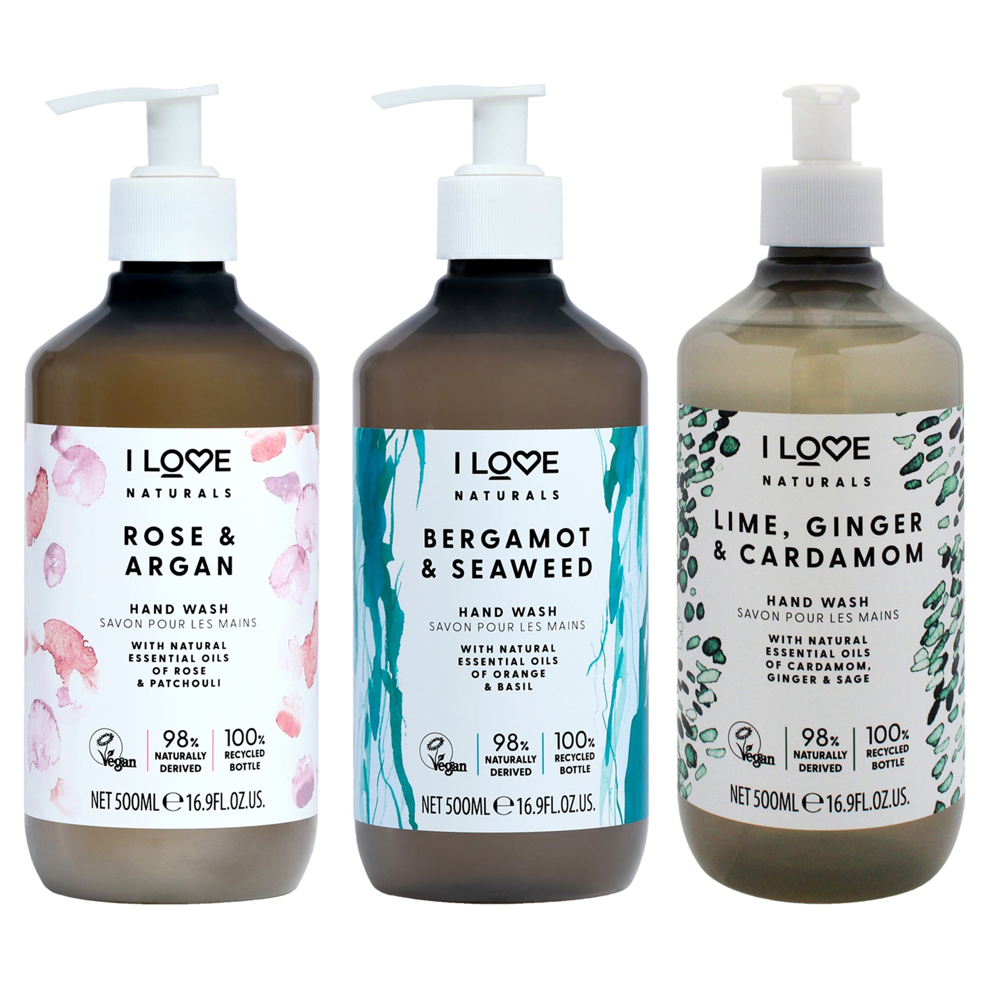 Naturals Hand Wash Kit by I Love Cosmetics for Women - 3 Pc Kit 16.9oz Naturals Hand Wash - Bergamot and Seaweed, 16.9oz Naturals Hand Wash - Lime-Ginger and Cardamon, 16.9oz Naturals Hand Wash - Rose and Argan