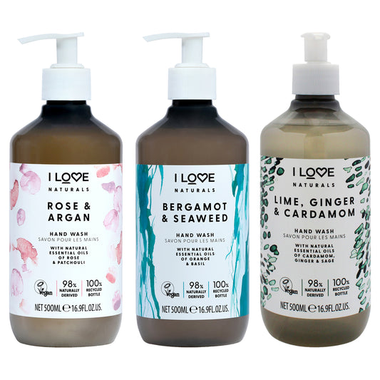 Naturals Hand Wash Kit by I Love Cosmetics for Women - 3 Pc Kit 16.9oz Naturals Hand Wash - Bergamot and Seaweed, 16.9oz Naturals Hand Wash - Lime-Ginger and Cardamon, 16.9oz Naturals Hand Wash - Rose and Argan