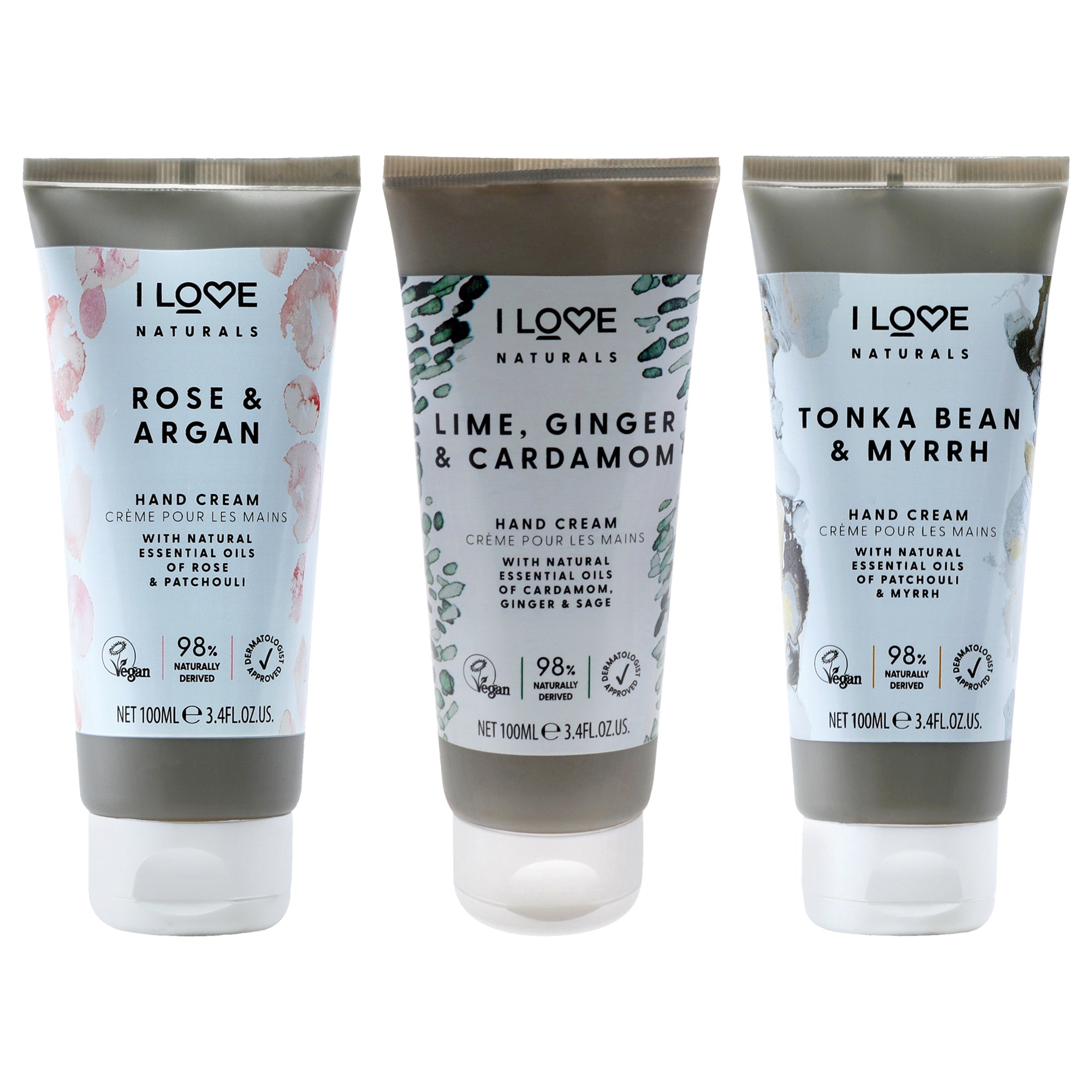 Naturals Hand Cream Kit by I Love Cosmetics for Women - 3 Pc Kit 3.4oz Naturals Hand Cream - Rose and Argan, 3.4oz Naturals Hand Cream - Tonka Bean and Myrrch, 3.4oz Naturals Hand Cream - Lime-Ginger and Cardamon