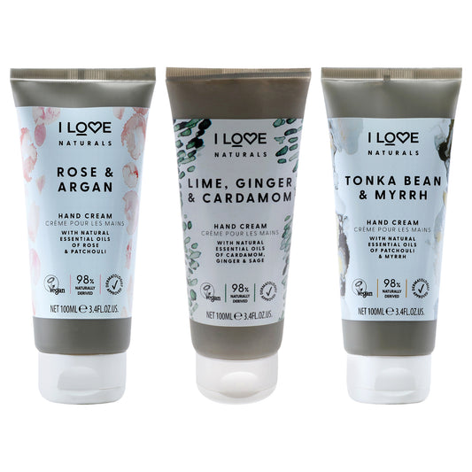 Naturals Hand Cream Kit by I Love Cosmetics for Women - 3 Pc Kit 3.4oz Naturals Hand Cream - Rose and Argan, 3.4oz Naturals Hand Cream - Tonka Bean and Myrrch, 3.4oz Naturals Hand Cream - Lime-Ginger and Cardamon