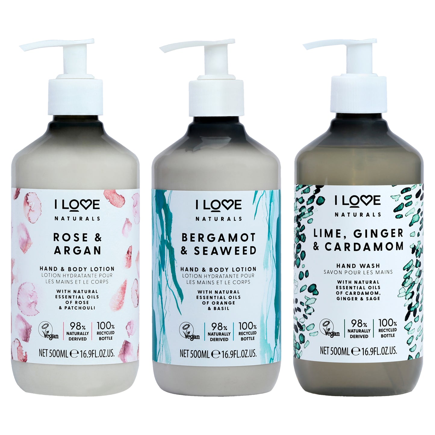 Naturals Lotion Kit by I Love Cosmetics for Women - 3 Pc Kit 16.9oz Naturals Hand and Body Lotion - Bergamot and Seaweed, 16.9oz Naturals Hand and Body Lotion - Lime-Ginger and Cardamon, 16.9oz Naturals Hand and Body Lotion - Rose and Argan