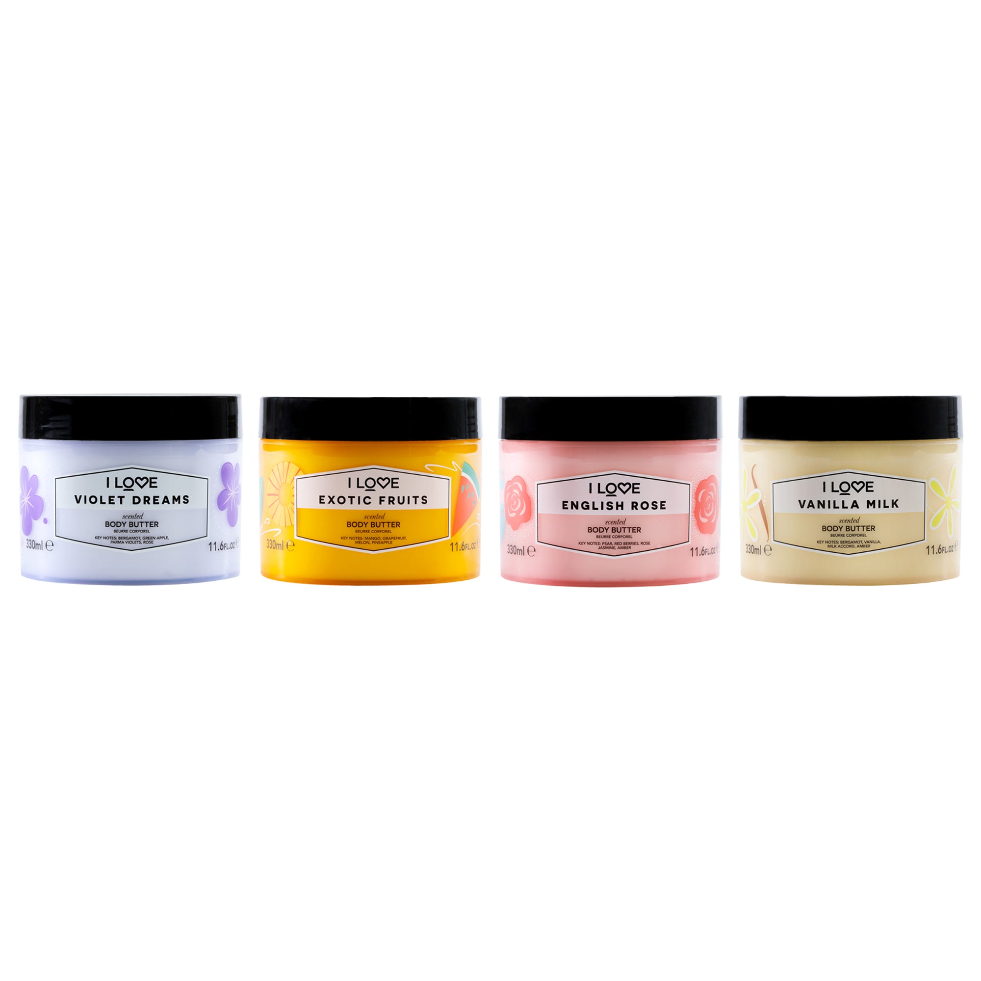 Body Butter Kit by I Love Cosmetics for Women - 4 Pc Kit 11.6oz Scented Body Butter - Violet Dreams, 11.6oz Scented Body Butter - Vanilla Milk, 11.6oz Scented Body Butter - Exotic Fruit, 11.6oz Scented Body Butter - English Rose