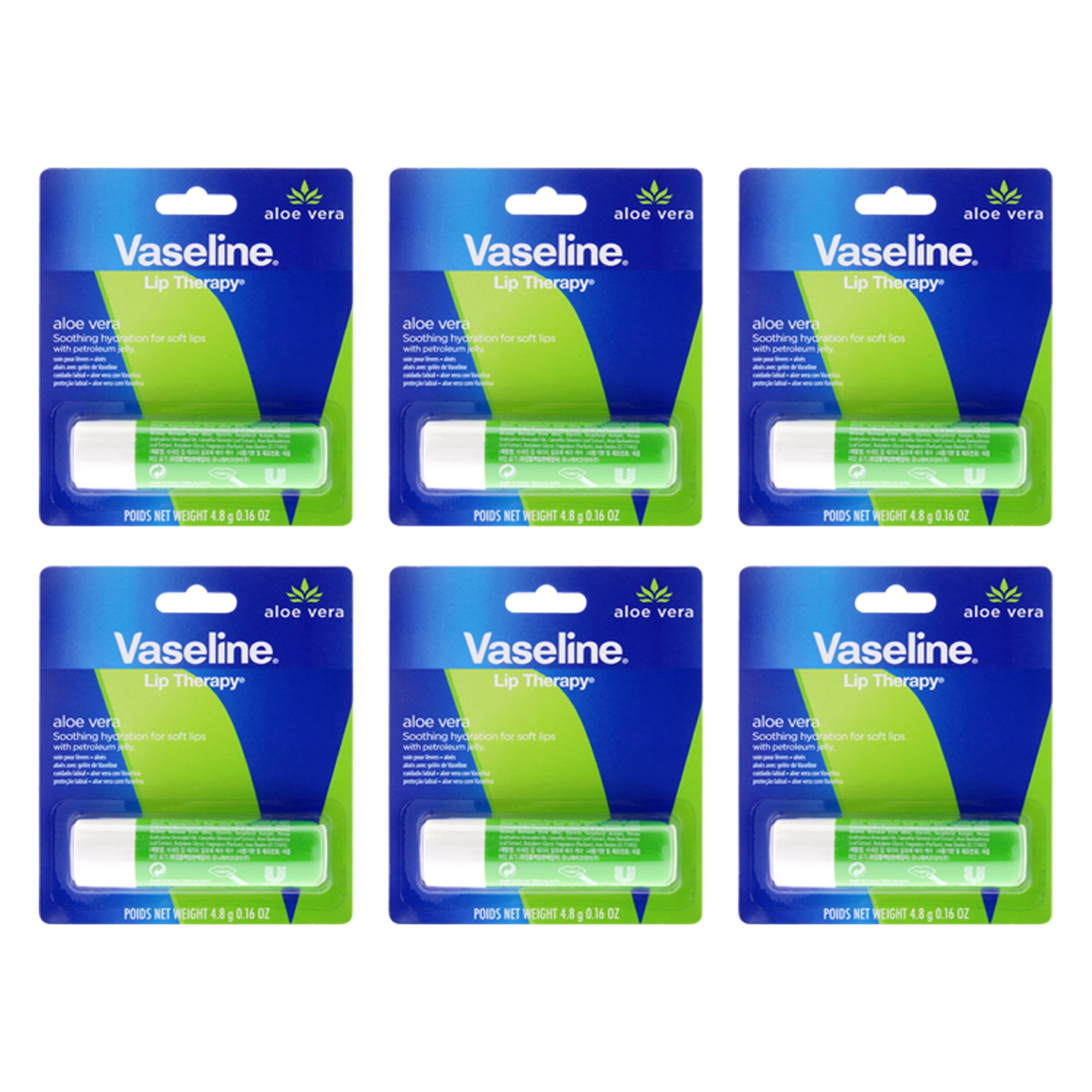 Lip Therapy Petroleum Jelly - Aloe Vera by Vaseline for Women - 0.16 oz Lip Balm - Pack of 6