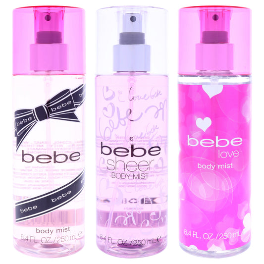 Mist Trio - Everyday Glam Layer Kit by Bebe for Women - 3 Pc Kit 8.4oz Body Mist - Bebe Love, 8.4oz Body Mist - Bebe Silver, 8.4oz Body Mist - Bebe Sheer