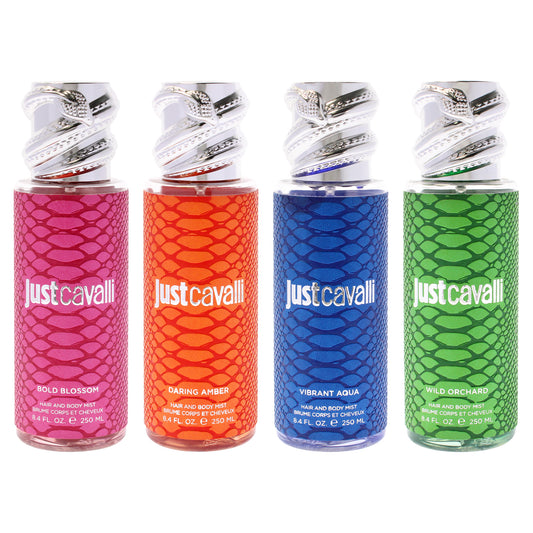 Roberto Cavalli Kit by Roberto Cavalli for Women - 4 Pc Kit 8.4oz Just Cavalli Hair and Body Mist, 8.4oz Just Cavalli Hair and Body Mist - Wild Orchard, 8.4oz Just Cavalli Hair and Body Mist - Daring Amber, 8.4oz Just Cavalli Hair and Body Mist - Bol