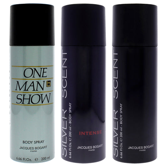 Jacques Bogart Kit by Jacques Bogart for Men - 3 Pc Kit 6.6oz Body Spray - One Man Show, 6.6oz Body Spray - Silver Scent Intense, 6.6oz Body Spray - Silver Scent