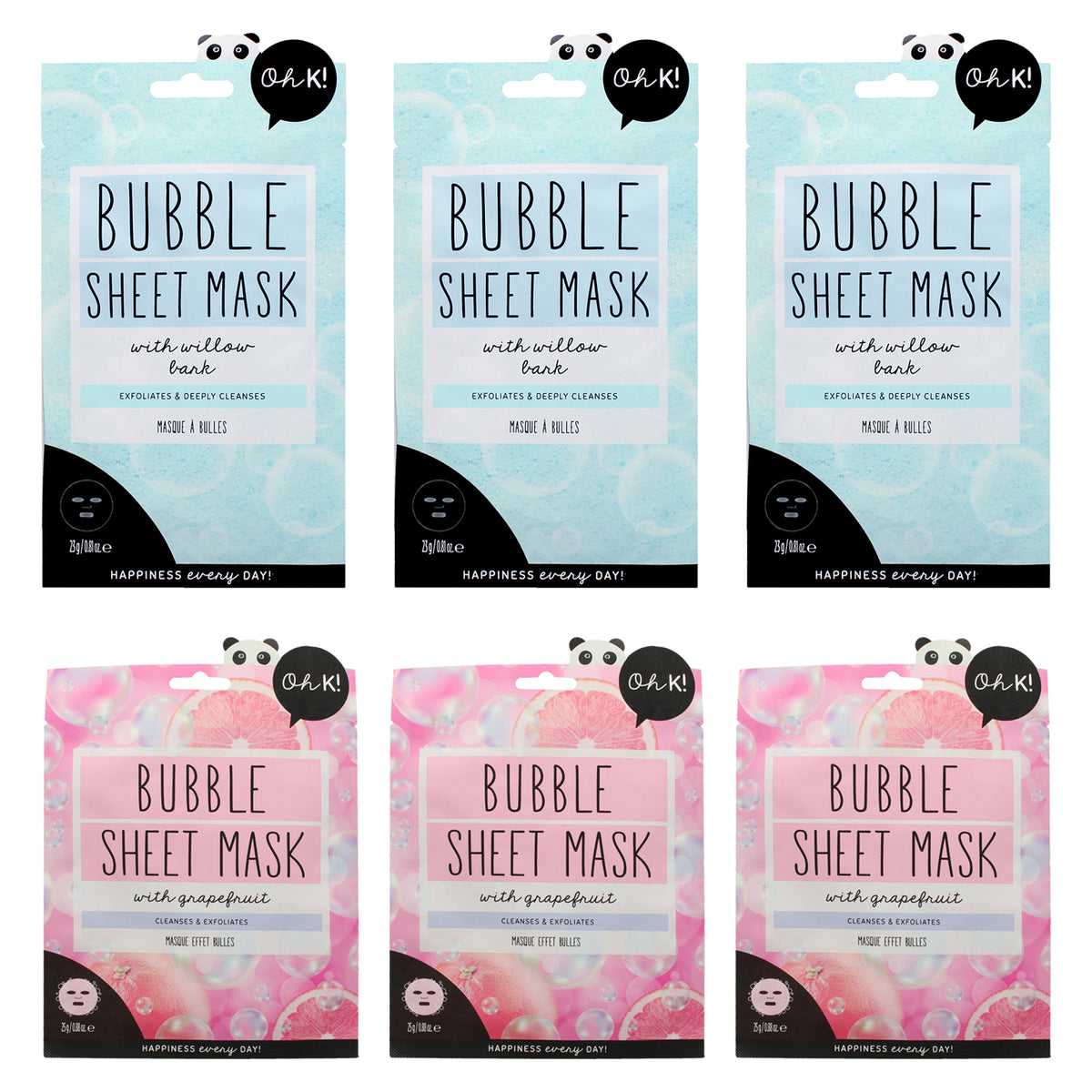 Bubble Sheet Mask Kit by Oh K! for Unisex - 6 Pc Kit 3Pc Bubble Sheet Mask - Willow Bark, 3Pc Bubble Sheet Mask - Grapefruit