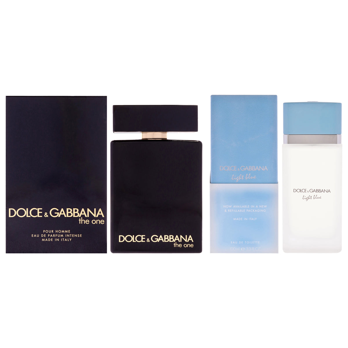 Dolce and Gabbana Kit by Dolce and Gabbana for Unisex - 2 Pc Kit 3.3oz The One Intense EDP Spray, 3.3oz Light Blue EDT Spray