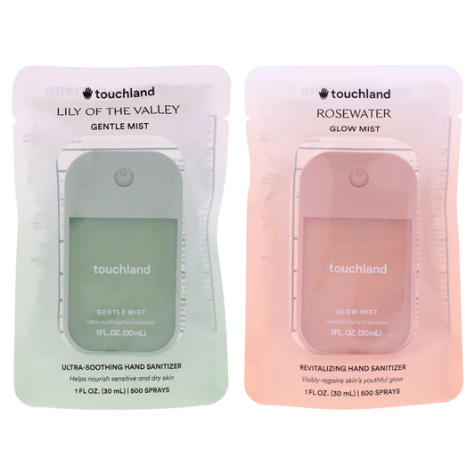 Gentle and Glow Kit by Touchland for Unisex - 2 Pc Kit 1oz Hand Sanitizer - Lily Of The Valley, 1oz Hand Sanitizer - Rosewater