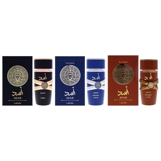 Asad Kit by Lattafa for Unisex - 3 Pc Kit 3.4oz Asad EDP Spray, 3.4oz Asad - Zanzibar EDP Spray, 3.4oz Asad - Bourbon EDP Spray