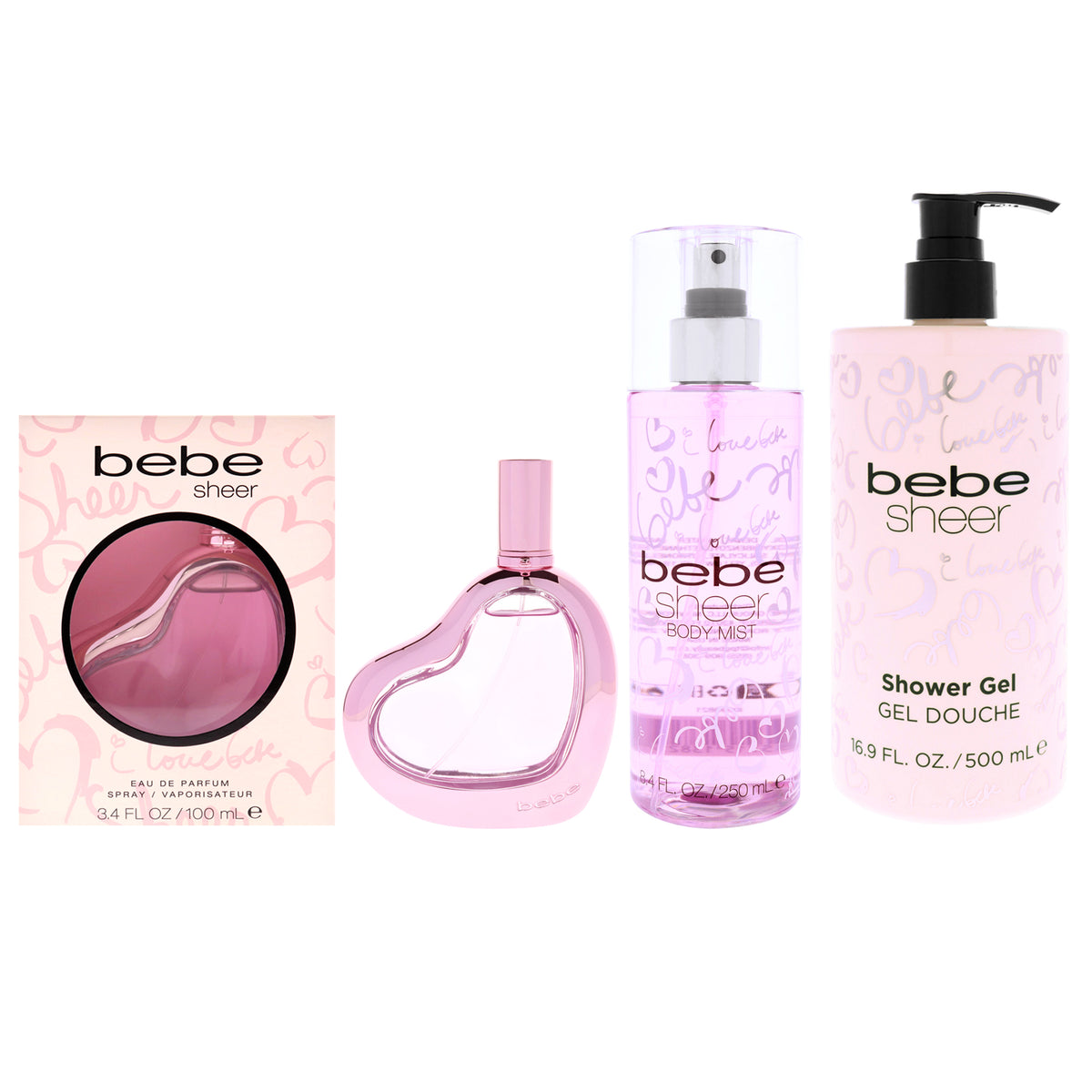 Sheer Layering Kit by Bebe for Women - 3 Pc Kit 3.4oz Bebe Sheer EDP Spray, 8.4oz Bebe Sheer Body Mist, 16.9 Bebe Sheer Shower Gel