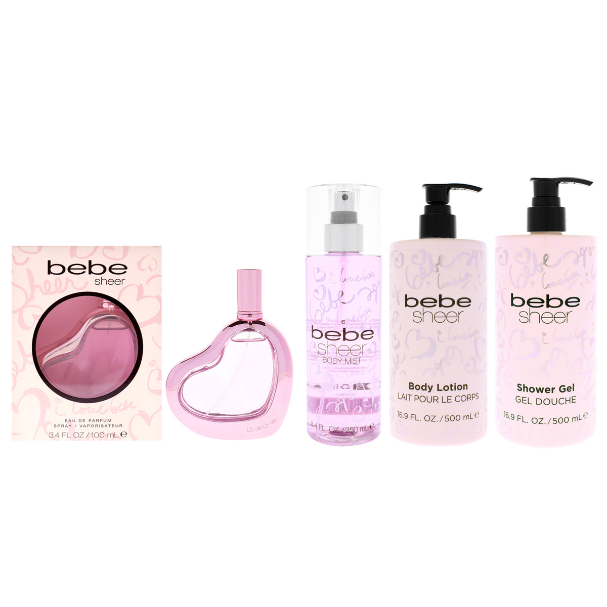 Sheer Body Care Kit by Bebe for Women - 4 Pc Kit 3.4oz Bebe Sheer EDP Spray, 8.4oz Bebe Sheer Body Mist, 16.9oz Bebe Sheer Shower Gel, 16.9oz Bebe Sheer Body Lotion