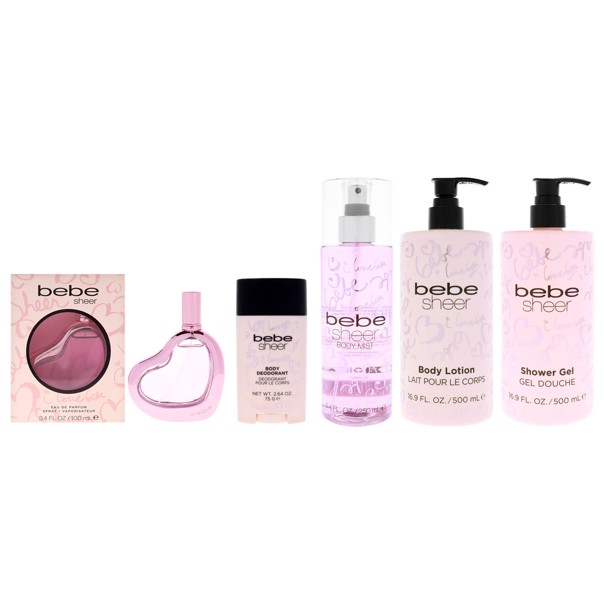 Sheer Full Body Ritual Kit by Bebe for Women - 5 Pc Kit 3.4oz Bebe Sheer EDP Spray, 8.4oz Bebe Sheer Body Mist, 16.9oz Bebe Sheer Shower Gel, 16.9oz Bebe Sheer Body Lotion, 2.64oz Bebe Sheer Deodorant Stick