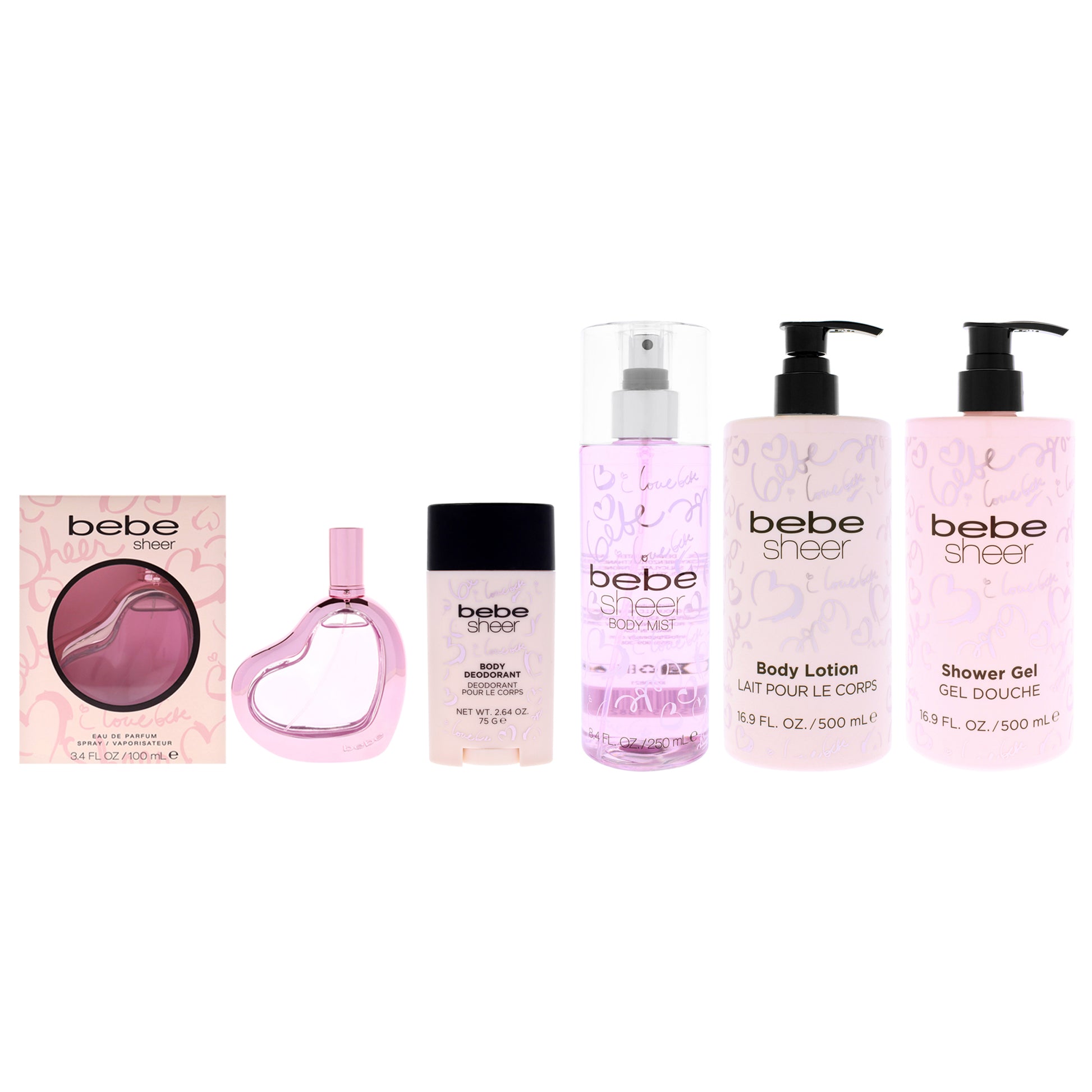 Sheer Full Body Ritual Kit by Bebe for Women - 5 Pc Kit 3.4oz Bebe Sheer EDP Spray, 8.4oz Bebe Sheer Body Mist, 16.9oz Bebe Sheer Shower Gel, 16.9oz Bebe Sheer Body Lotion, 2.64oz Bebe Sheer Deodorant Stick
