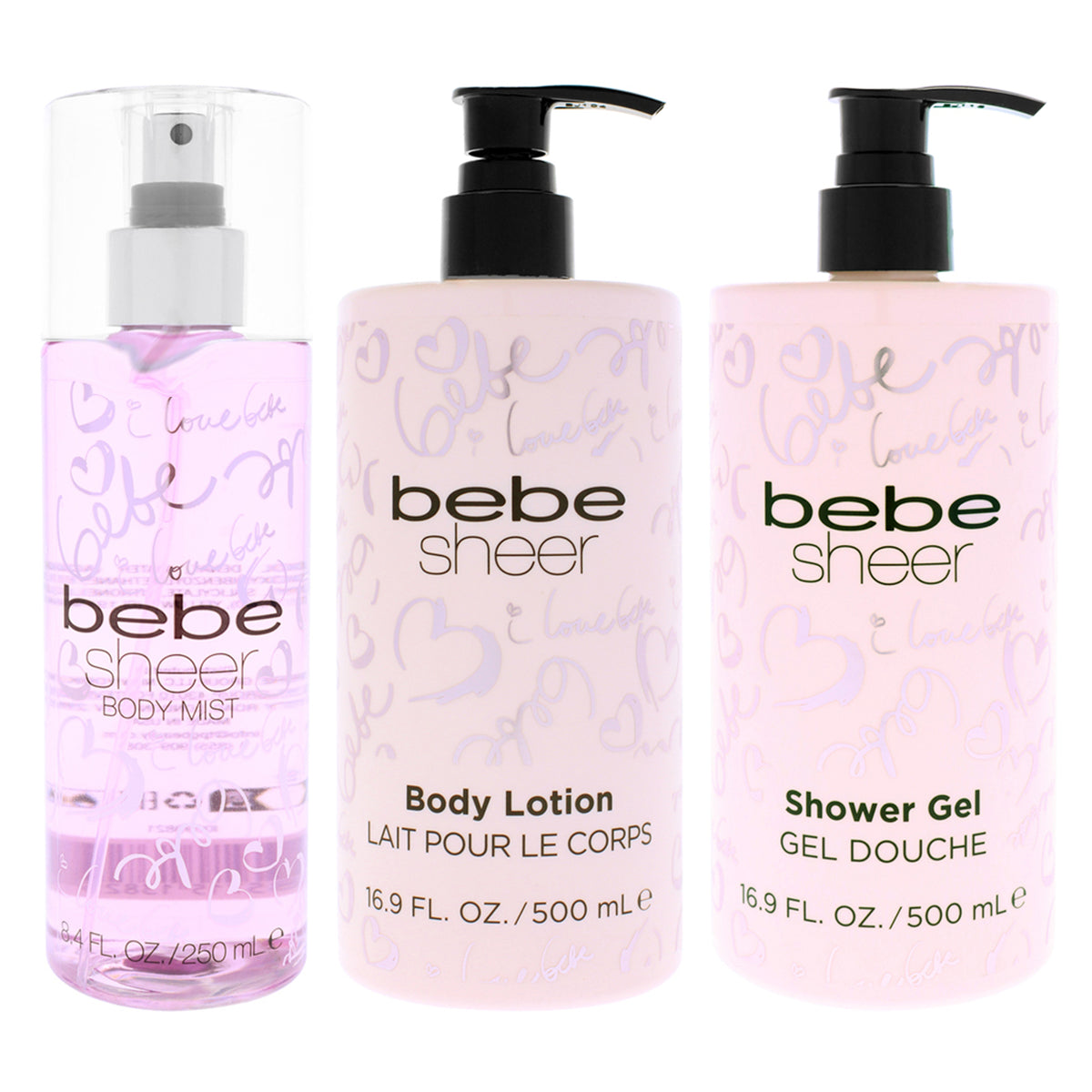 Light and Sheer Trio Kit by Bebe for Women - 3 Pc Kit 8.4oz Bebe Sheer Body Mist, 16.9oz Bebe Sheer Shower Gel, 16.9oz Bebe Sheer Body Lotion