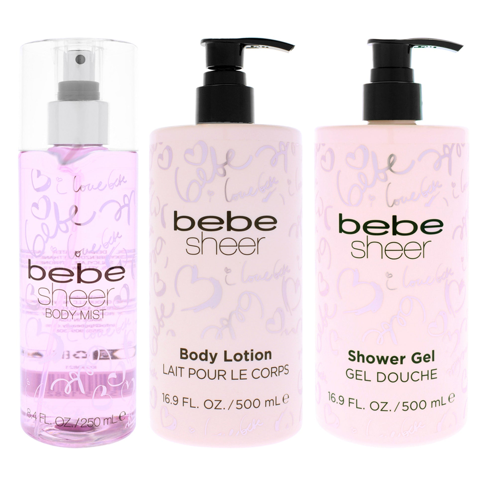 Light and Sheer Trio Kit by Bebe for Women - 3 Pc Kit 8.4oz Bebe Sheer Body Mist, 16.9oz Bebe Sheer Shower Gel, 16.9oz Bebe Sheer Body Lotion