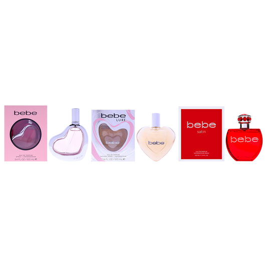 Bebe Signature Fragrance Collection Kit by Bebe for Women - 3 Pc Kit 3.4oz Bebe Silver EDP Spray, 3.4oz Bebe Satin EDP Spray, 3.4oz Bebe Luxe EDP Spray