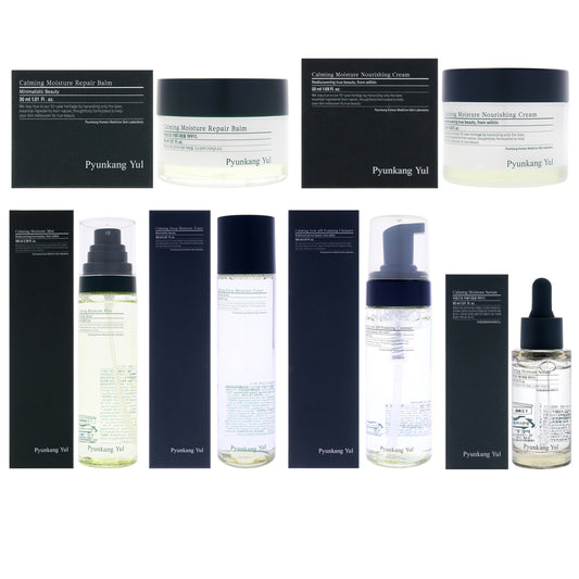 Calming Kit by Pyunkang Yul for Unisex - 6 Pc Kit 1.01 Moisture Serum, 1.01oz Moisture Repair Balm, 1.69oz Moisture Nourishing Cream, 3.3oz Moisture Mist, 5.07oz Moisture Toner, 5.07oz Foaming Cleanser