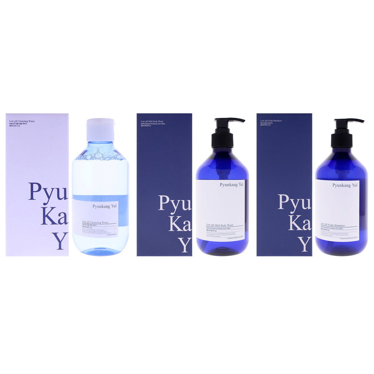 Low pH Kit by Pyunkang Yul for Unisex - 3 Pc Kit 9.8oz Cleansing Water, 16.9oz Mild Body Wash, 16.9oz Scalp Shampoo