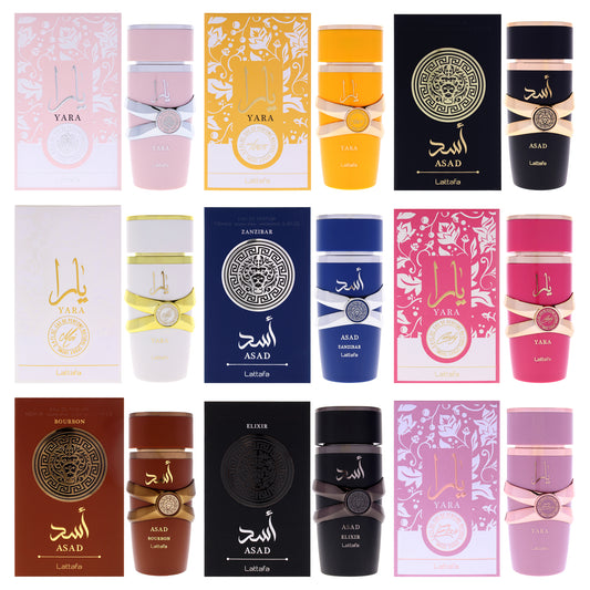 Yara and Asad Collection Kit by Lattafa for Unisex - 9 Pc Kit 3.4oz Yara EDP Spray, 3.4oz Yara Moi EDP Spray, 3.4oz Yara Tous EDP Spray, 3.4oz Yara Candy EDP Spray, 3.4oz Yara Elixir EDP Spray, 3.4oz Asad EDP Spray, 3.4oz Asad - Zanzibar EDP Spray, 3