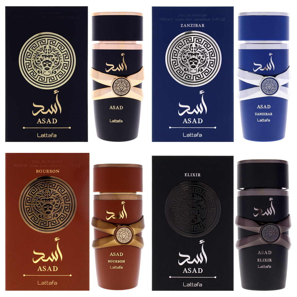 Asad Collection Kit by Lattafa for Men - 4 Pc Kit 3.4oz Asad EDP Spray, 3.4oz Asad - Zanzibar EDP Spray, 3.4oz Asad - Bourbon EDP Spray, 3.4oz Asad Elixir EDP Spray