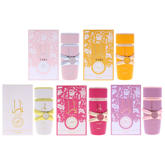 Yara Collection Kit by Lattafa for Women - 5 Pc Kit 3.4oz Yara Elixir EDP Spray, 3.4oz Yara EDP Spray, 3.4oz Yara Moi EDP Spray, 3.4oz Yara Tous EDP Spray, 3.4oz Yara Candy EDP Spray