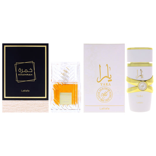 Lattafa Kit by Lattafa for Unisex - 2 Pc Kit 3.4oz Yara Moi EDP Spray, 3.4oz Khamrah EDP Spray
