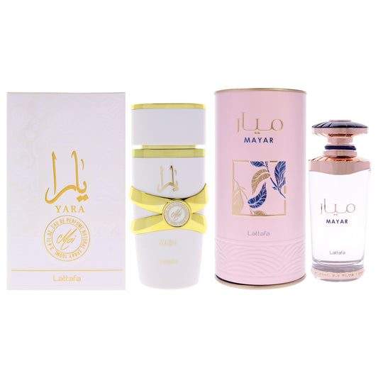 Lattafa Kit by Lattafa for Women - 2 Pc Kit 3.4oz Yara Moi EDP Spray, 3.4oz Mayar EDP Spray